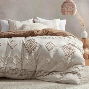 Boho Duvet Cover Set  Size, Beige and Terracotta Color Clash 3 count Microfiber Bedding Set, Durable and Super Soft Duvet Covers with Zipper and Ties, 90"*90"