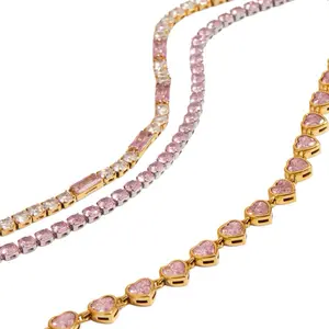 18K Gold-Tone Stainless Steel Bracelet Classic Heart Pink Zircon Bracelets