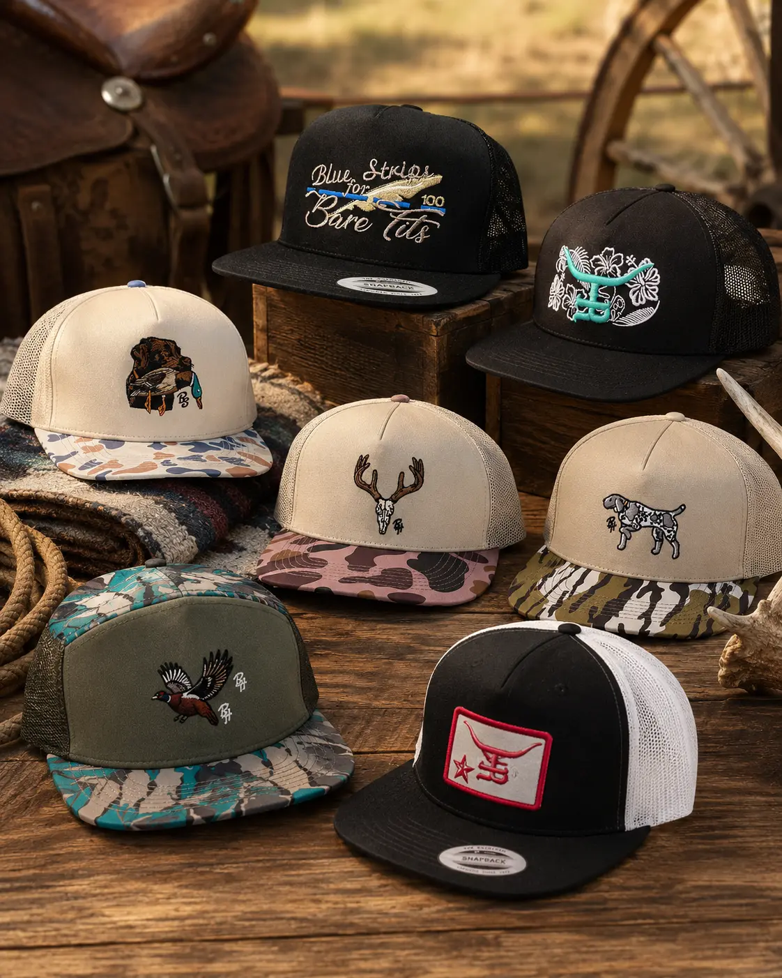 [ Combo Buy 2 For 1 Price ] Blue Strips for Bare Tits, Spur ’Em & BF Logo Trucker Hats – Embroidered Hunting Dog, Deer Skull, Turkey, Longhorn Camo Snapback Caps
