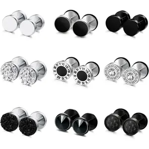 MILACOLATO 9 Pairs Fake Gauge Earrings for Men Women Stainless Steel Stud Earring Round Cheater Plug Earring Faux Gauges Ear Tunnel Mens Earrings, Metal