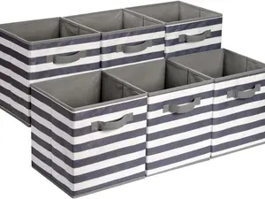 "FLASH SALE ALERT" Collapsible Fabric Storage Cube Organizer with Handles, 10.5 x 10.5 x 11 Inch, White/ Light Grey Stripe - Pack of 6 Boxes Lightweight Shelf