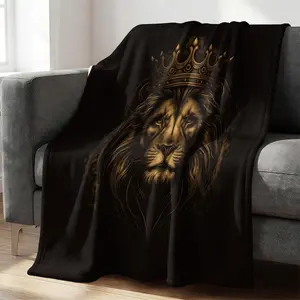 Golden Crowned Lion Print Throw Blanket, Luxury Flannel Blanket, Ultra Soft Warm Blanket, Regal King of Jungle Gift Blanket for Men & Cozy Bedroom & Sofa Decor