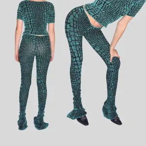 Crocodile Print Flare Pant Turquoise Womenswear Bottoms All Seasons Hip Fit Crocodile Patterned Pants for Women