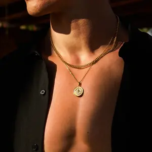 Layered Stainless Steel Compass Pendant Necklace Coin Compass With Cuban Chain Men's Hip-hop Necklace