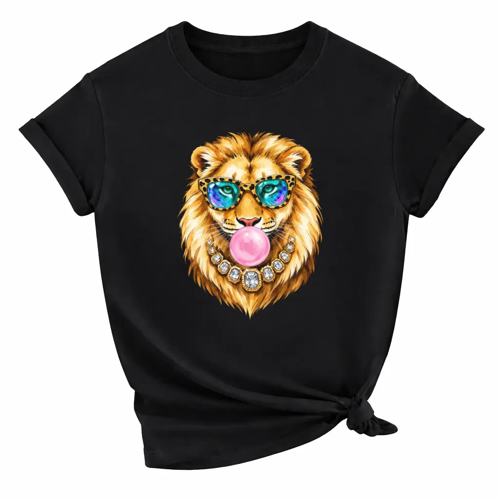 Retro Lion Graphic T-Shirt for Women, Unisex Watercolor Streetwear Top with Bubblegum Lion Print, Loose Fit Casual Shortsleeve Crew Neck, Birthday Gift, Sweatpants, Tshirt, Prints, Menswear, Fabrics, Stylish, Round Neck, All Seasons