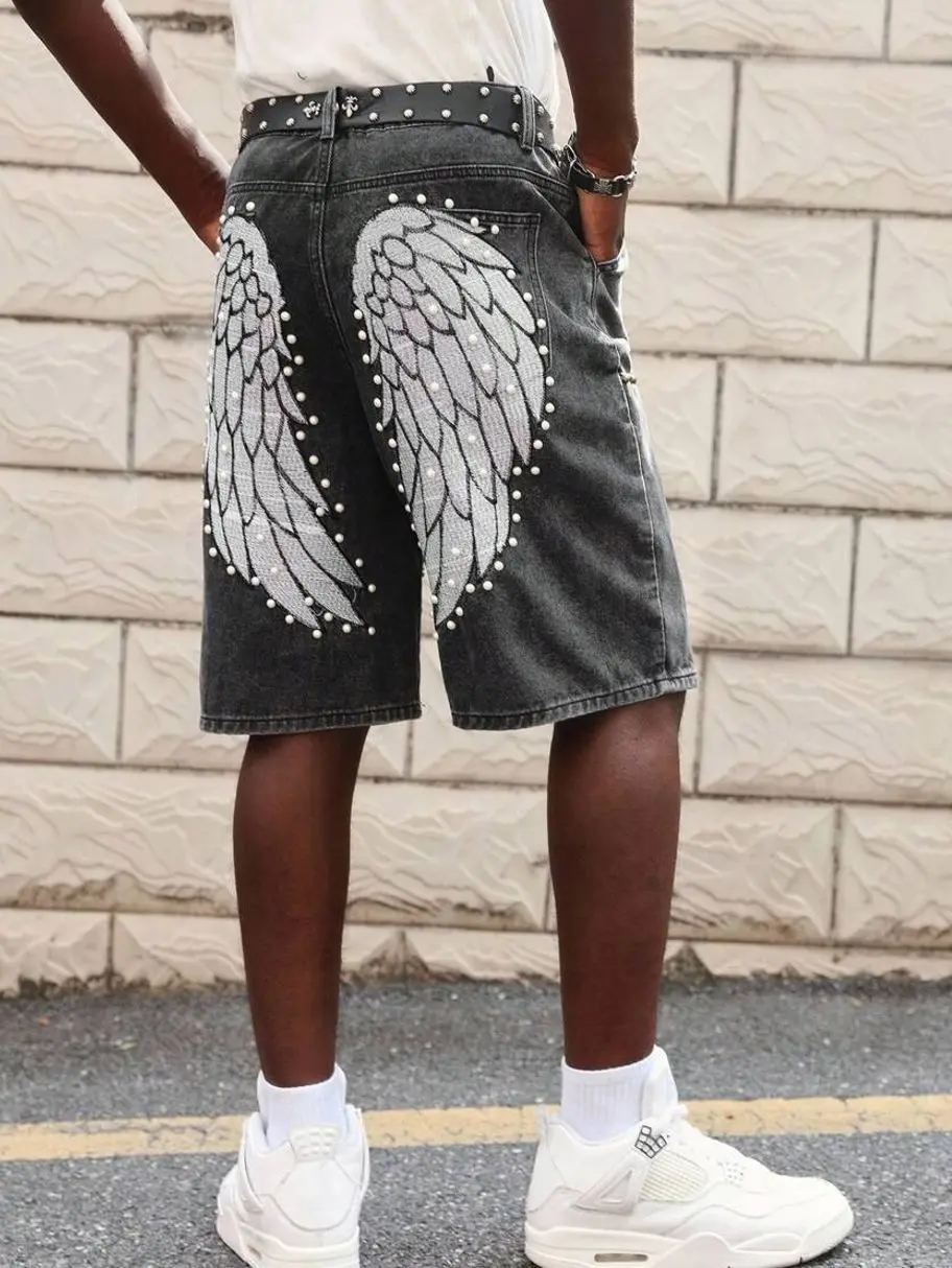 Men shorts - Mens Distressed Denim Shorts, Wing Embroidery and Studded Jean Shorts for Trendy Summer Streetwear summer clothing trending clothing trending clothes male clothing summer clothes shorts for the summer summer men clothes streetwear