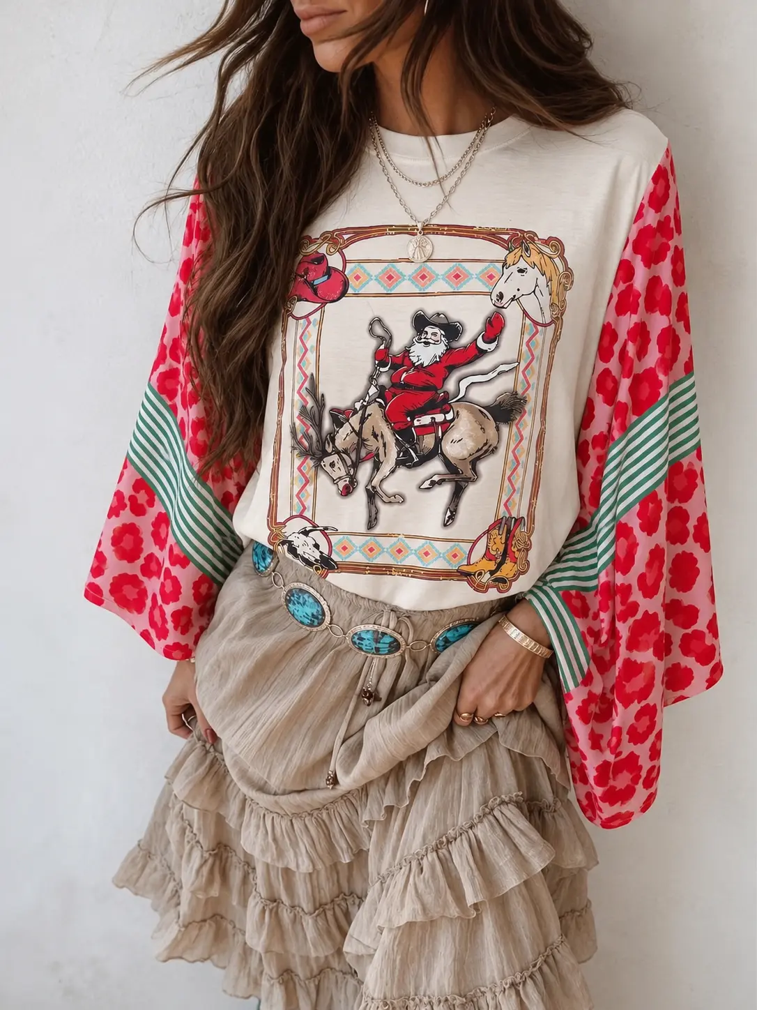 Women's Oversized Bohemian Batwing-Sleeve Top - Chic Petal Western Graphic, Cowboy Print, Leopard-Sleeve Casual Statement Blouse