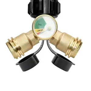 Propane Splitter with Gauge, 2 Way LP Gas Tee Connector Adapter for 20lb Cylinder Tank - BBQ Grills, Camping Stoves, Gas Burners, Heater