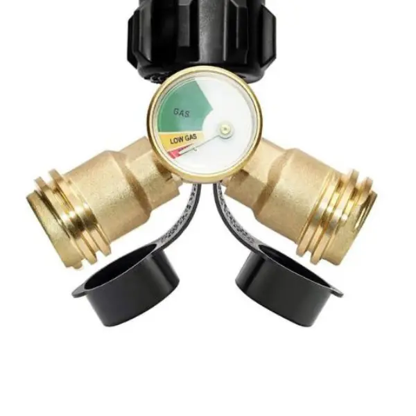 Propane Splitter with Gauge, 2 Way LP Gas Tee Connector Adapter for 20lb Cylinder Tank - BBQ Grills, Camping Stoves, Gas Burners, Heater