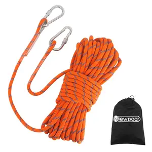NewDoar 10mm Climbing Rope, High Strength Accessory Cord Rope with 2 Steel Hooks, for Outdoor Rescue Rappelling Rope Down Cliffs ledges Safety Escape Tow Strap Equipment(Orange)