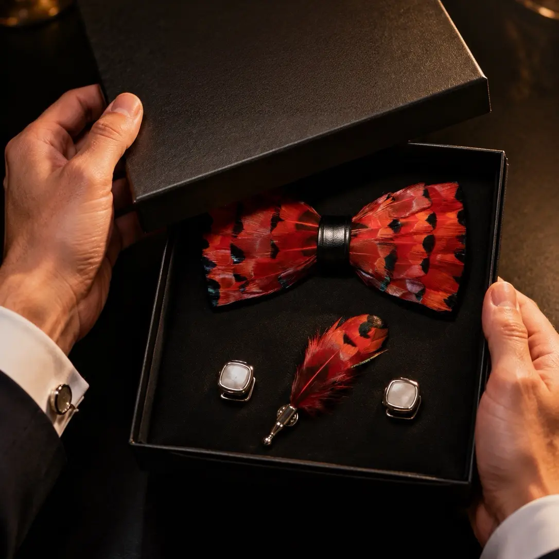Handcrafted Red Bow Tie Lapel Pin & Cufflinks Set Premium Gift for Weddings Parties Fathers Husbands and Boyfriends