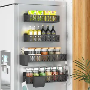4 Pack Magnetic Spice Rack for Fridge - Moveable Shelf Organizer with Hooks & Hanging Cups, Black Multicolor, Abs, Space Saver