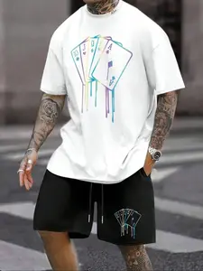 Gradient Dripping Royal Flush Playing Cards Graphic T-Shirt & Shorts Set | Unisex Streetwear Loose Fit Two-Piece | Casual Y2K Poker Print Outfit for Daily Wear, Street Fashion, Weekend Hangouts & Summer Vacations, Ideal for Trendsetters & Card Game Lovers