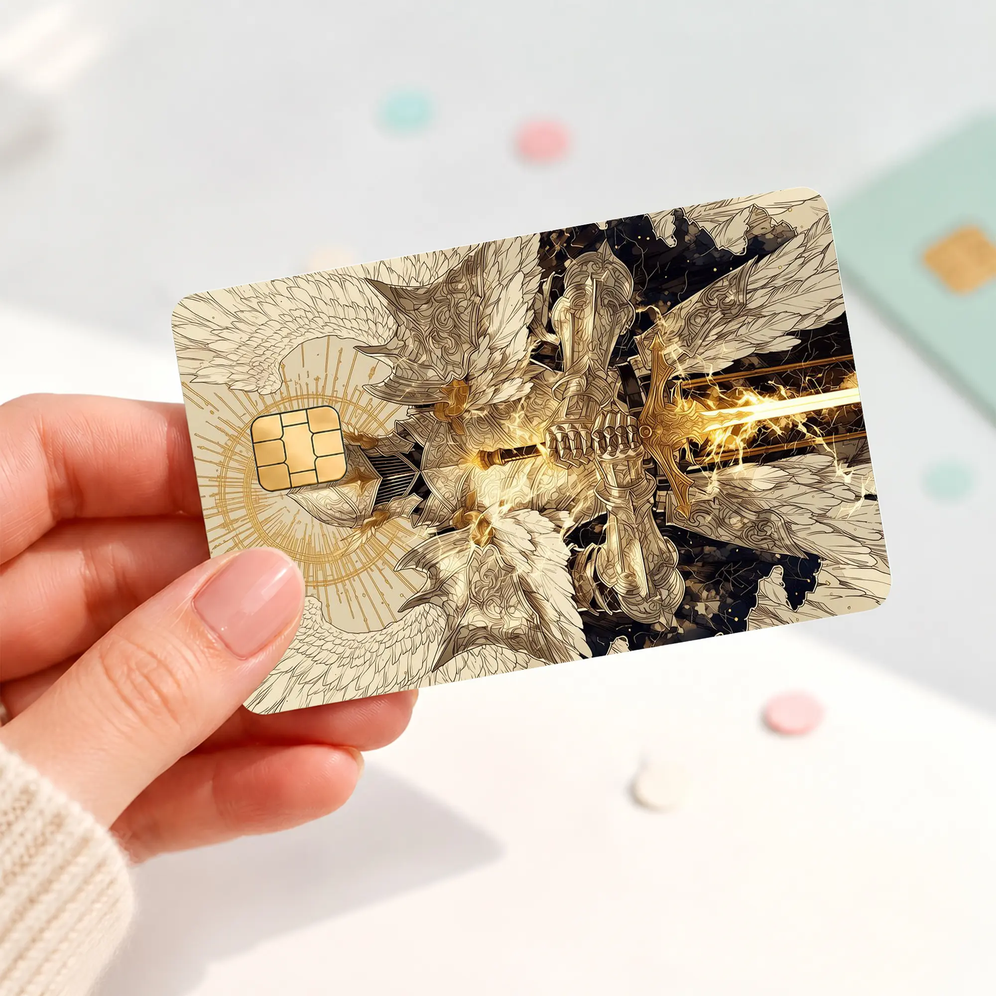 Angel Sword Credit Card Skin, Golden Wing Fantasy Debit Card Sticker, Gothic Celestial Bank Card Cover, Aesthetic Chip Card Decal, Luxury Wallet Accessory