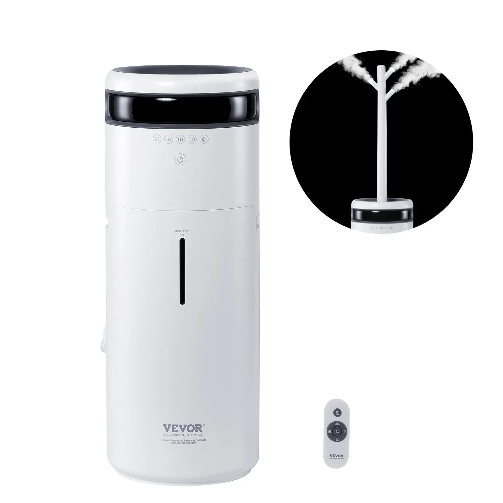 VEVOR Humidifier for Home Large Room, Commercial Humidifier for Whole House 1291.7 sq ft, 16L Water Tank & Night Light & 12h Timer & Auto Shut-Off , Greenhouse, Commercial Branch Tube w/ 360 °   Nozzle
