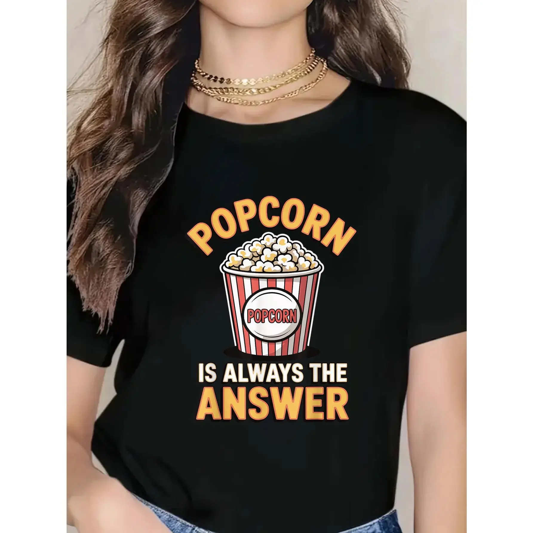 Women's 100% Cotton Casual Round Neck Classic Crew Short-Sleeve T-Shirt - "Popcorn Is Always the Answer" Graphic, Relaxed Fit, Breathable Soft Fabric, Shortsleeve, Digital Print, All-Seasons, Popcorn Shirt Women's T-Shirts