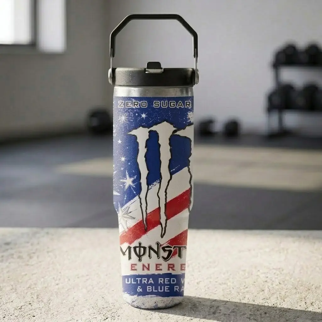 M.Energy Inspired Red White & Blue Razz Tumbler Cup 30oz/20oz With Handle & Straw, Unleash The Best With You Stainless Steel Mug, Perfect For Gym Lovers & Gamers