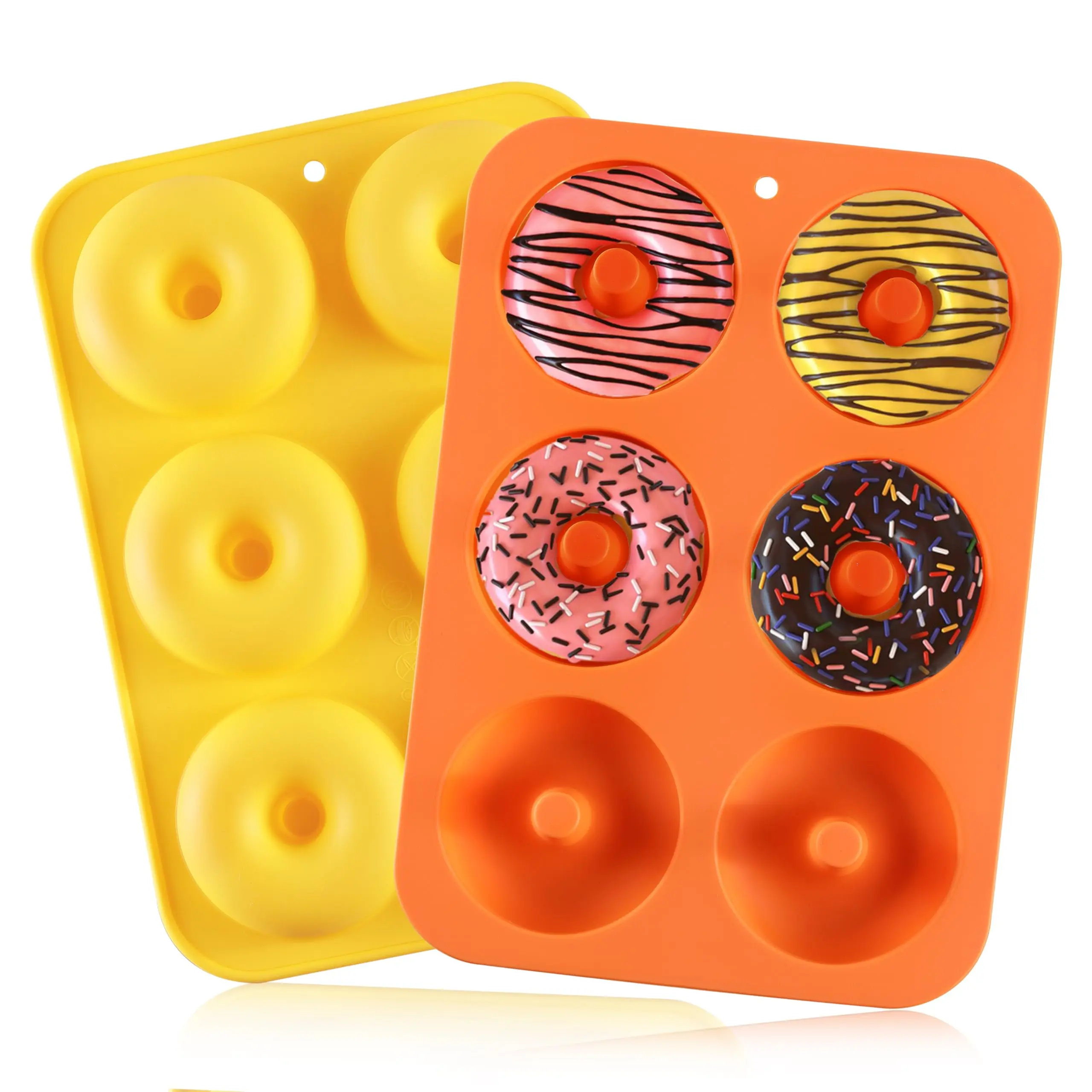2Packs Donut Pan, HIA Silicone Donut Molds for Baking, Non-Stick Doughnut Pan for 6 Doughnuts, Heat Resistant, Dishwasher Microwave Safe (Orange+Yellow, Set of 2)