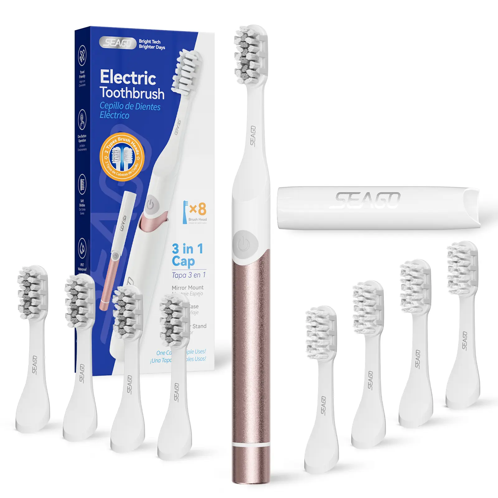 SEAGO Electric Toothbrush for Adults - 3 in 1 Holder with 8 pcs Replaceable Brush Battery Operated Travel Toothbrush kit Portable and 2 Minute Timer