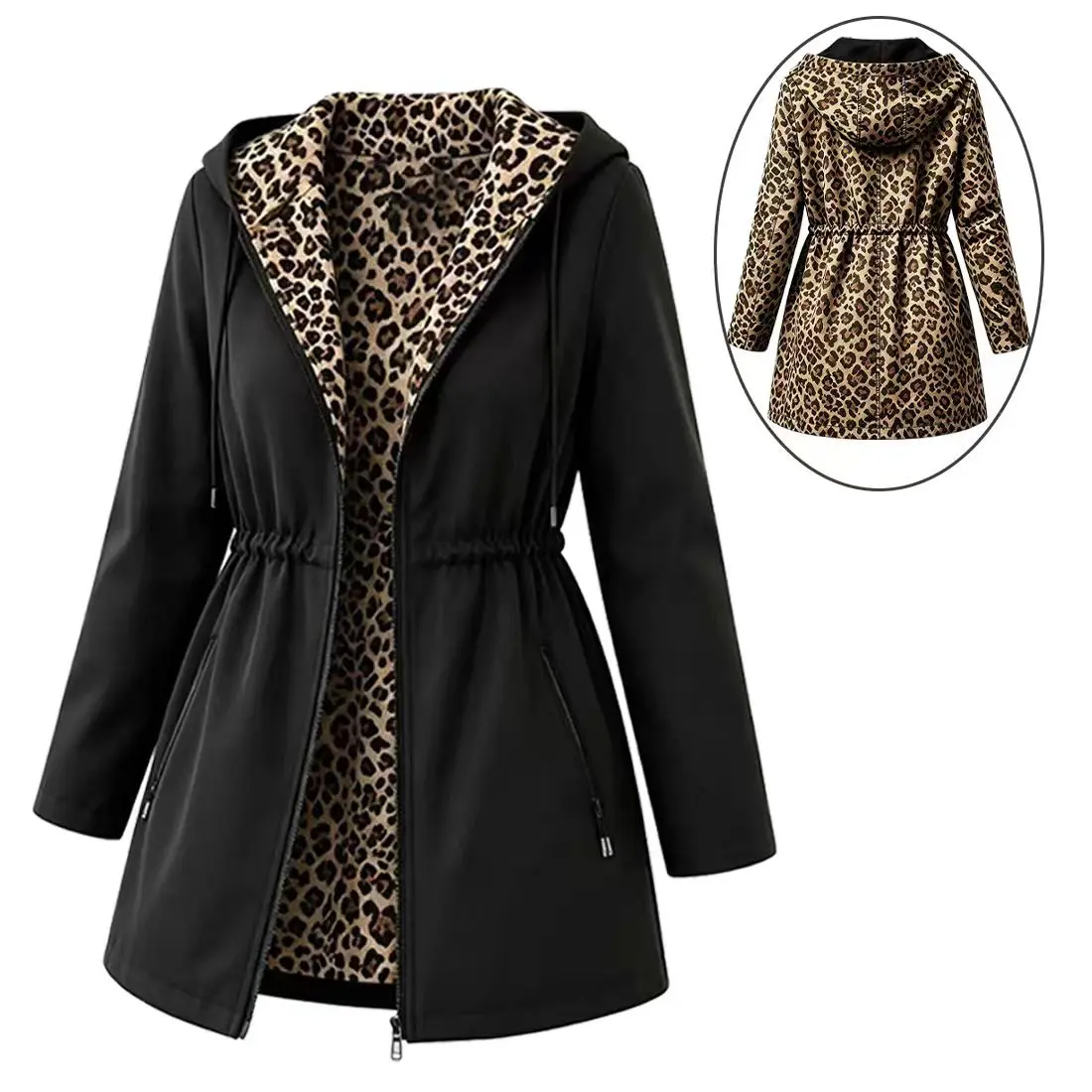 Women’s reversible lightweight hooded jacket with leopard print, adjustable waist, zip closure, casual long sleeves—autumn outerwear sohochic