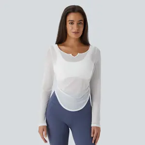 Halara Sheer Mesh V Notch Long Sleeve Ruched Curved Hem Yoga Sports Top