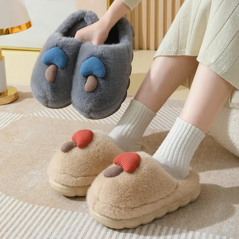 CozyMushroom Plush Slippers, AutumnWarm Thick-soled Furry Slippers, WinterWonder Eva Household Slippers