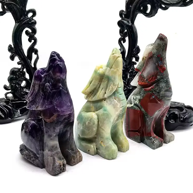 Wolf Mixed-Matched Carving Natural Crystal Decoration, Decor for Desk, Dresser Room Ornaments