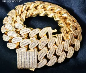 NEW Men Baguette HipHop Necklace 21mm Big Gold Color Cuban Chain Iced Out Zirconia Miami Link Fashion Rock Rapper Jewelry