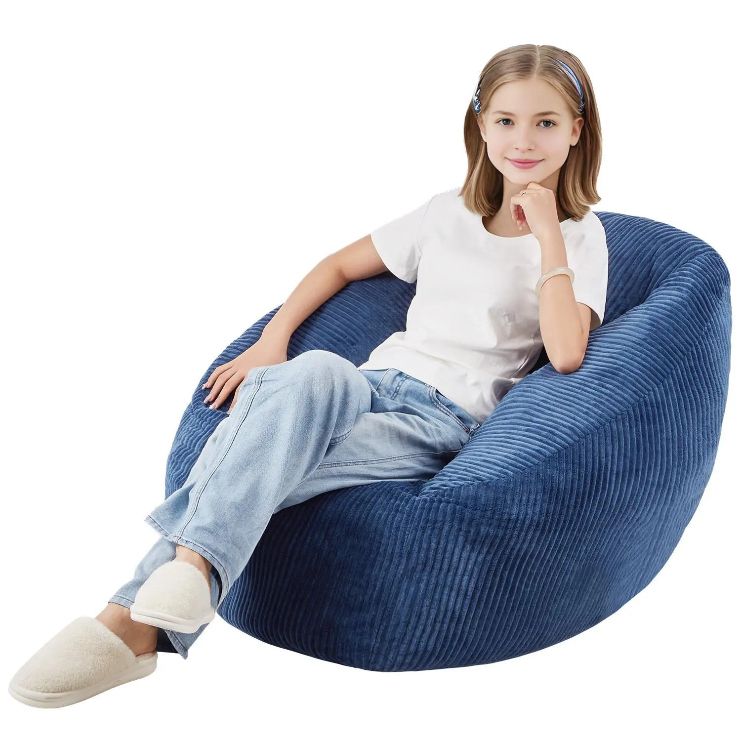 【summerfinds】VEVOR Bean Bag Chair, 3 feet Bean Bag Chair with Soft Armrests and Storage Pocket, 25D Memory Foam Filled with Soft Teddy Velvet Cover, Bean Bag for Bedroom or Playroom, Blue