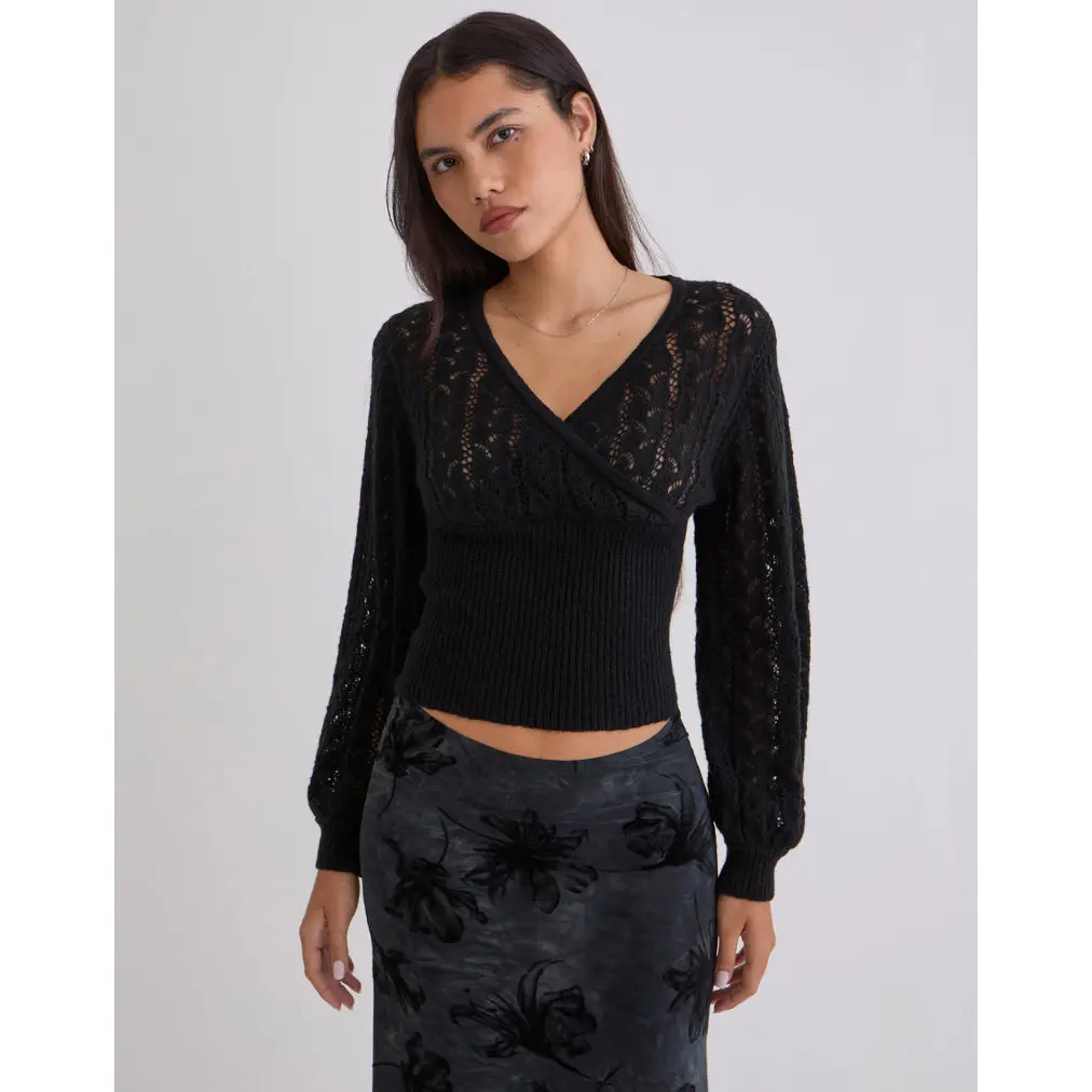 Nilara Wrap Top in Pointelle Knit Black