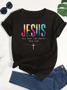 Plus Size, Women's Plus Size Casual Fashion Jesus Letter Print Crew Neck Short Sleeve T-Shirt