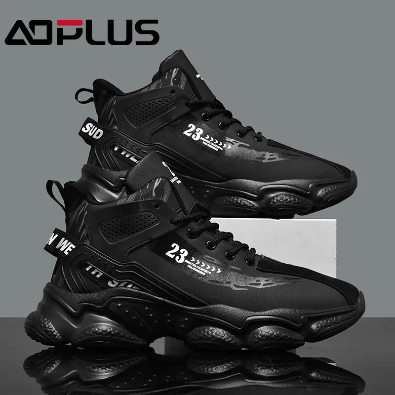 Men's classic casual sports shoes, 23 size cool black warrior high-top shoes, breathable mesh thick-soled elevated sports and casual shoes