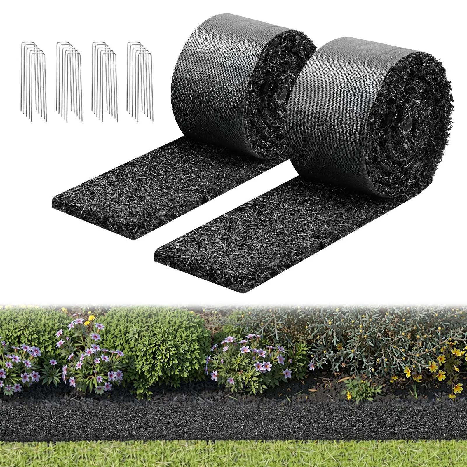 Rubber Mulch Mat Roll - 2 Rolls, 120 X 4.5 Inches - Recycled Rubber Permanent Mulch Edging Border, Flower Barrier With Stakes, 0.5 Inch Thick, Cuttable Garden Edgings For Landscaping, Weather-Resistant, Easy Install