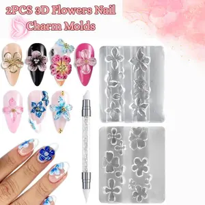 3D Flower Nail Art Molds – 2PCS Silicone Set with Pen | Hibiscus & Cherry Blossom Design