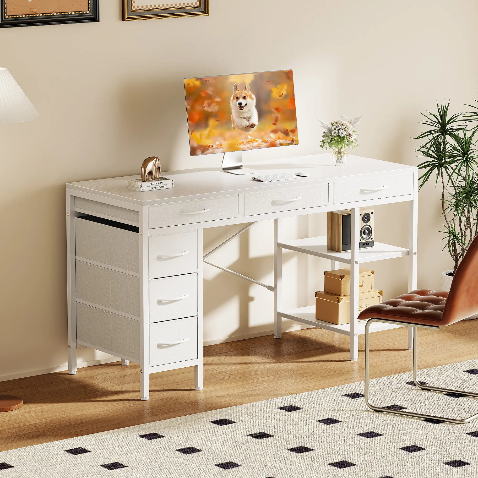 Sturdy Computer Desk - Minimalist Modern Fabric Exterior Adjustable Multi-Function Drawers Desk, Office Furniture Workstation with 6 Fabric Drawers, Storage Shelves Organizer for Home Office, Fabric Exterior Desks, Adjustable Multi-Function Desks