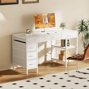 Computer Desk with 6 Drawers, Home Office Gaming Desks with Storage Shelves for Bedroom, Writing Study Corner Living Room Work Table
