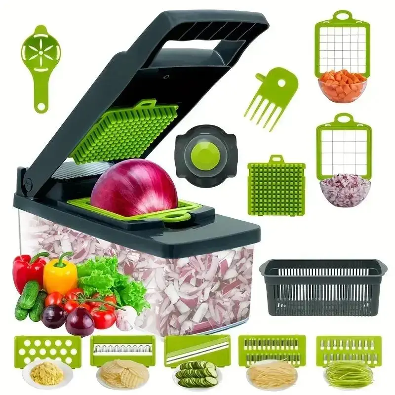 14-Piece Vegetable Chopper Set, Multi-Functional Fruit Slicer, Manual Food Grater with Storage Container, Onion Cutter with Interchangeable Blades, Cabbage Shredder, Veggie Cutter, Kitchen Accessories