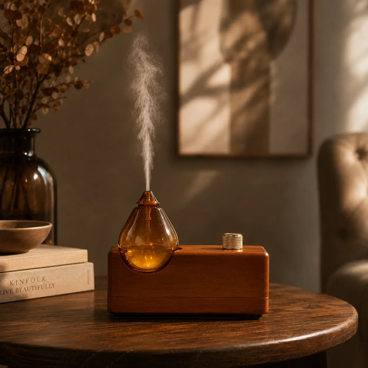 Amber Glass & Solid Beech Wood Waterless Oil Diffuser - Cordless Cell-Powered Essential Oil Nebulizer, Home Decor Room Scenting Gift for Housewarming Occasions