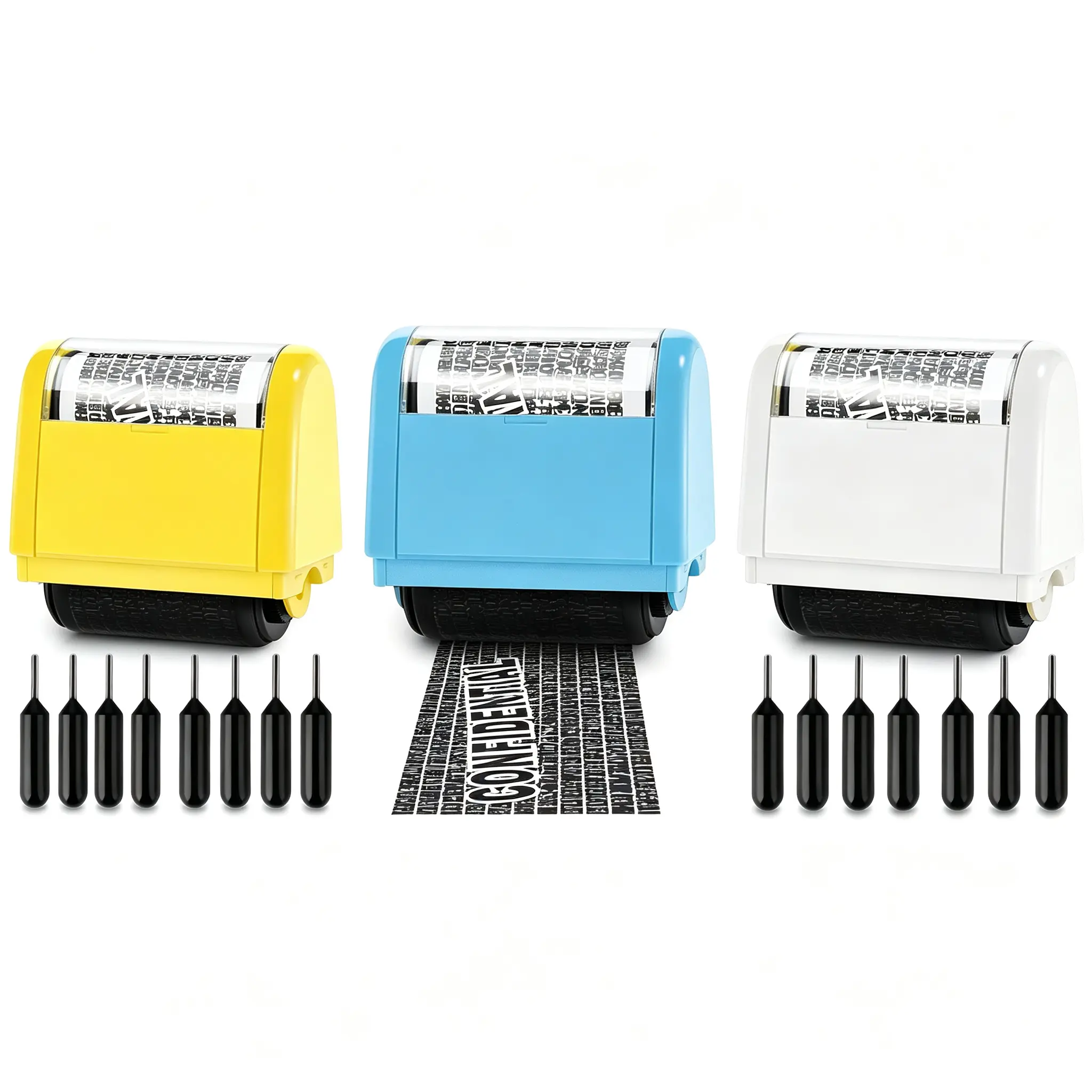 1pc Identity Protection Roller Stamp, Confidential Privacy Data Blocker Stamp with 6 Refill Ink Bottles, Anti-Theft Address Information Security Roller Stamp for Document Redaction