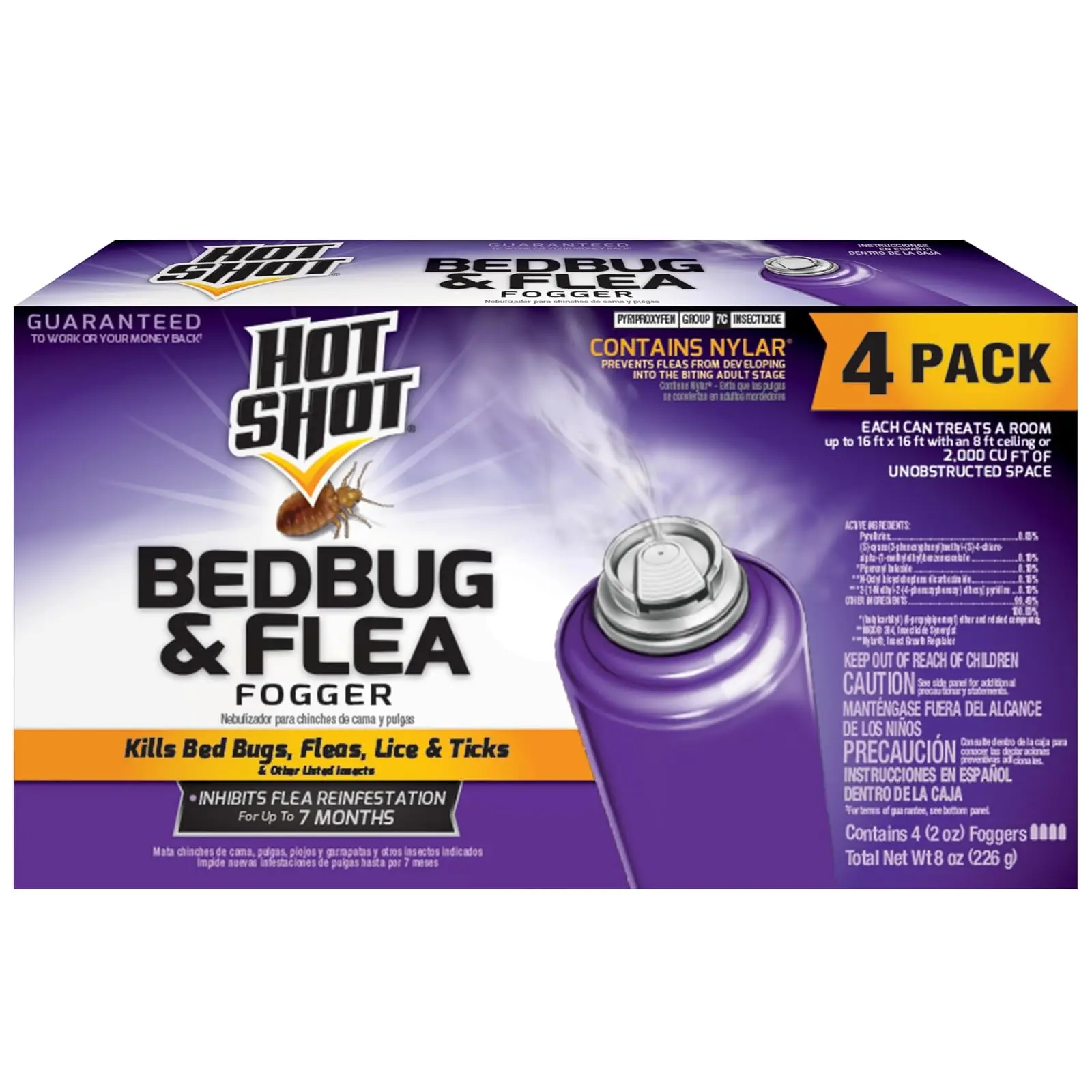 Hot Shot Bedbug and Flea Fogger 4 Count-2 Ounce Cans, with Nylar, Inhibits Flea Reinfestation