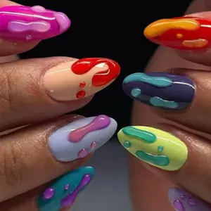 24pcs Medium-Length Almond Fake Nails, High Transparency, Multi-Color Base, 3D Color Drop Effect, Easy Wear, Y2K Style