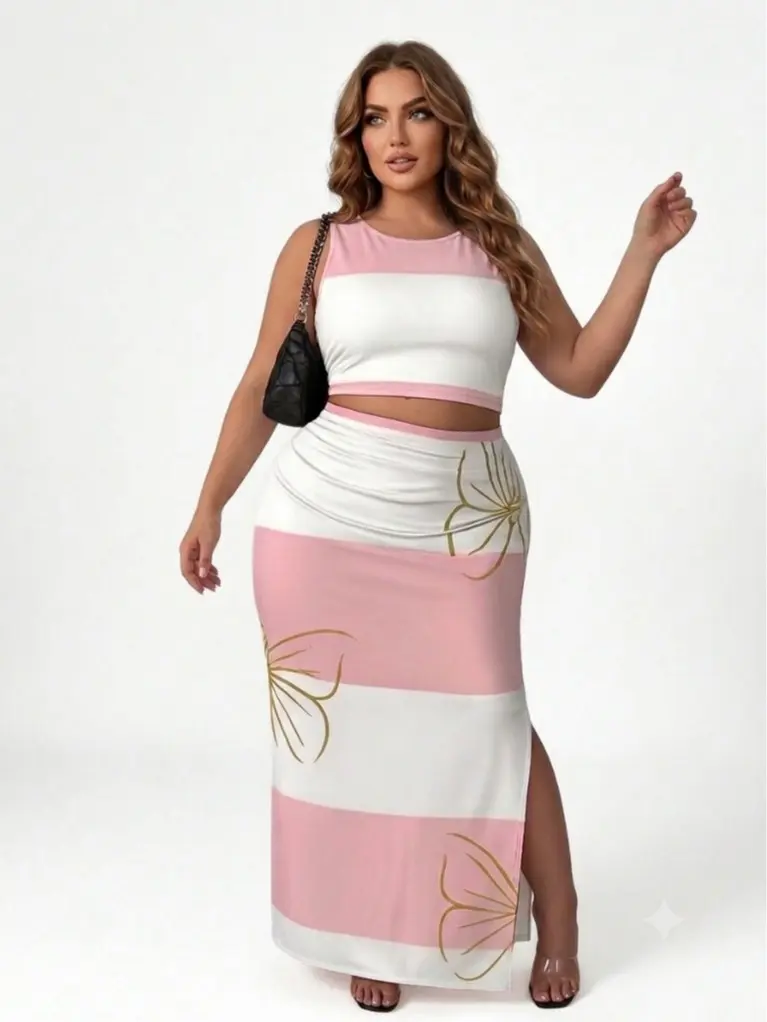 Women's Plus Size Trendy Casual 2-Piece Clothing Set - Sleeveless Smooth Comfortable Fabric Crop Top & Split Midi Skirt, Back to School Gift Idea (Incl. Women's, Plus Size, Casual 2 Piece Sets), Women's 2 Piece Set