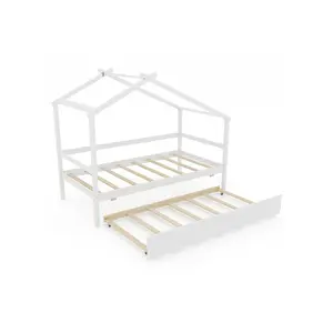 Kids Twin Size House Bed with Trundle and Roof