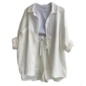 2 Piece Waffle Knit Loungewear Set | Oversized Button Down Shirt + Drawstring Shorts
