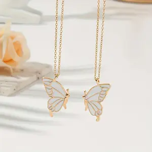 2pcs Pink and White Butterfly Pendant Chain Jewelry Necklaces, Adjustable Length Double-Layered Cross Collarbone Chain Set, BFF Gift
