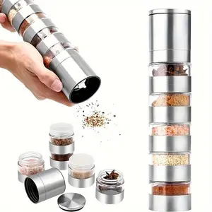 Stainless Steel Seasoning Grinding Bottle, 1 Count 5 in 1 Portable Travel Spice Container, Manual Spice Crusher for Camping Kitchen