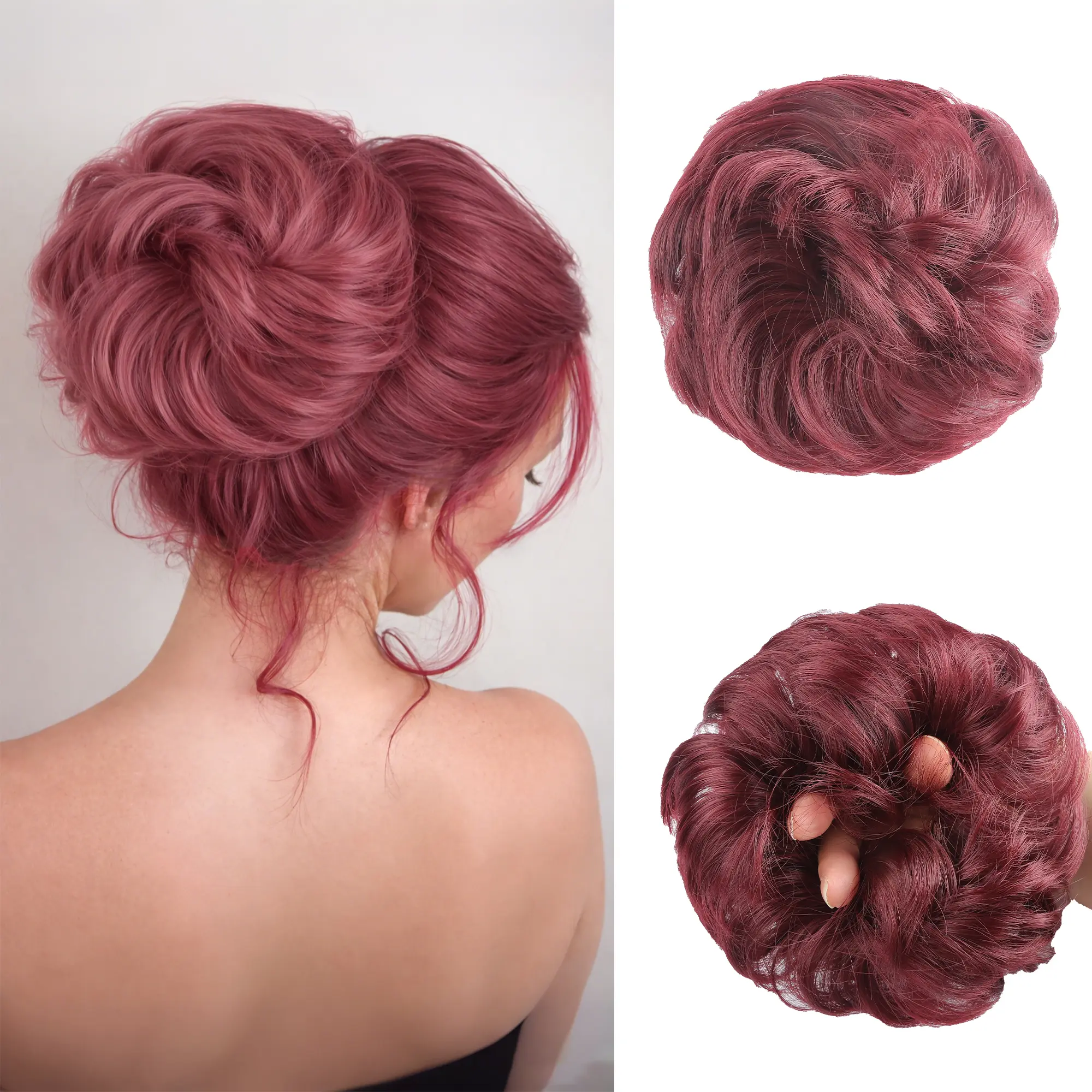 VOSILK Messy Bun Hair Piece, Wavy Curly Synthetic Chignon Scrunchie for Women, Elastic Hair Extension for Instant Volume in Ponytails and Updos, Curly Synthetic Hair
