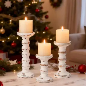 3Pcs Rustic White Solid Wood Candle Holders for Pillar Candles, Distressed Decorative Farmhouse Large Candle Holder for Fireplace Table