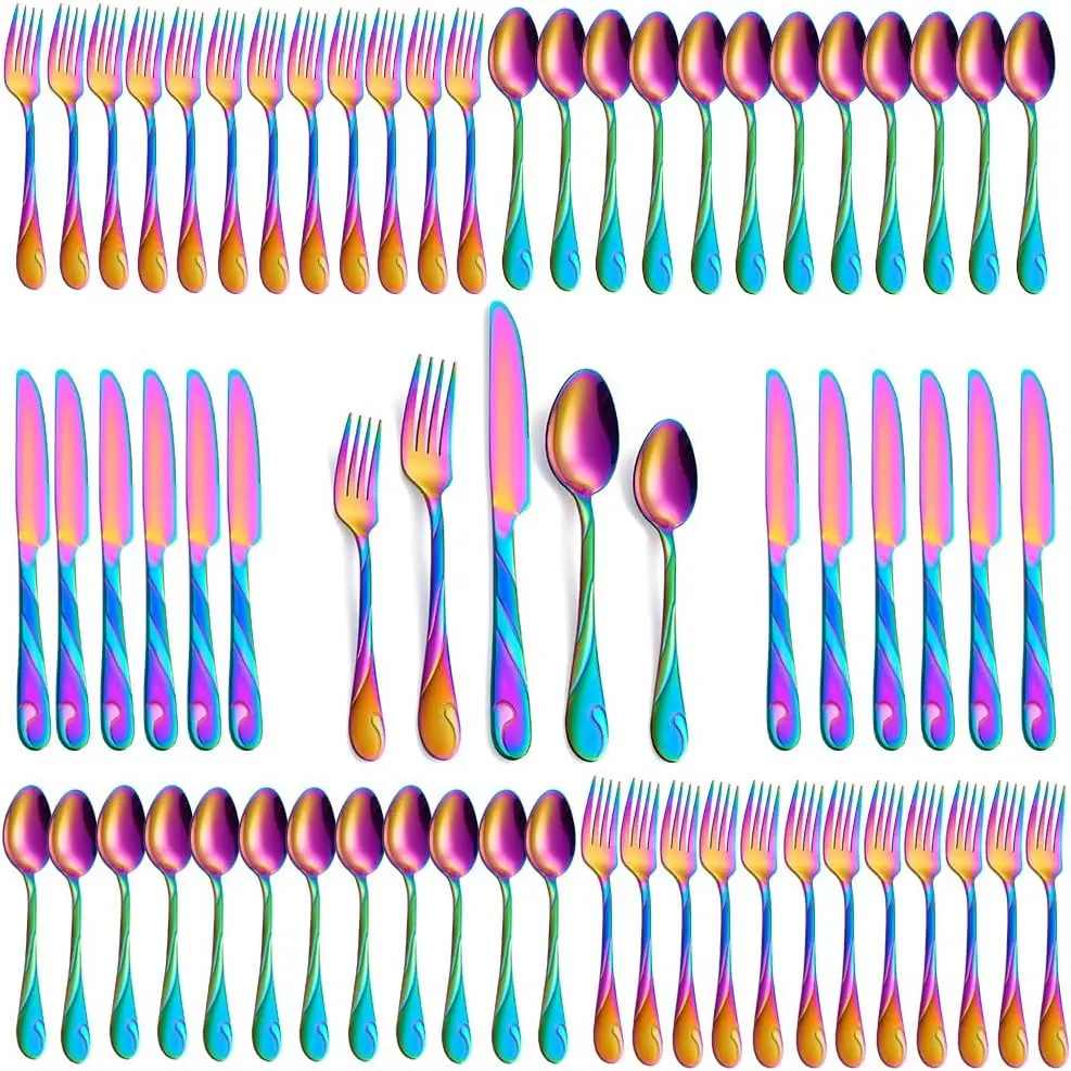 Rainbow Silverware Set for 12, 60- Stainless Steel Flatware Set, Shiny Rainbow Metal Cutlery Set, Include Fork,  and Spoon Set, Dishwasher Safe
