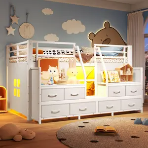 Twin Size Low Loft Bed with 8 Storage Drawers for Kids, Metal Loft Bed Frame with Shelves and LED Lights for Boys Girls,Kids Loft Bed Twin Size,White